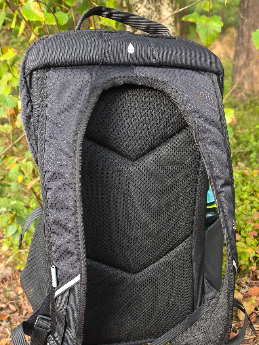 Padded back panel and shoulder straps of the WATERFLY 20L on a tree stump in the forest