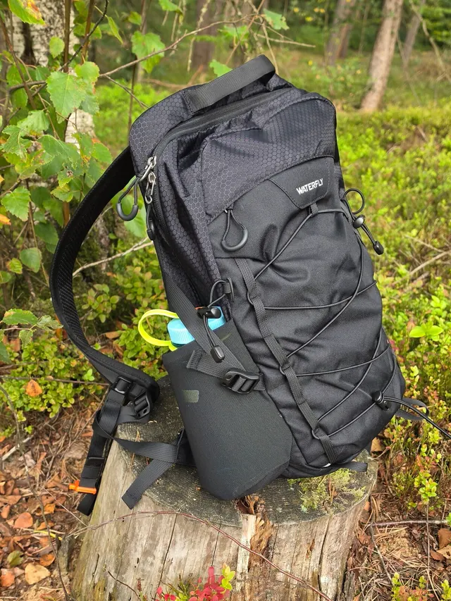 Black WATERFLY Hiking Backpack 20L with a Nalgene bottle in its side pocket, on a tree stump in a forest on the Veluwe