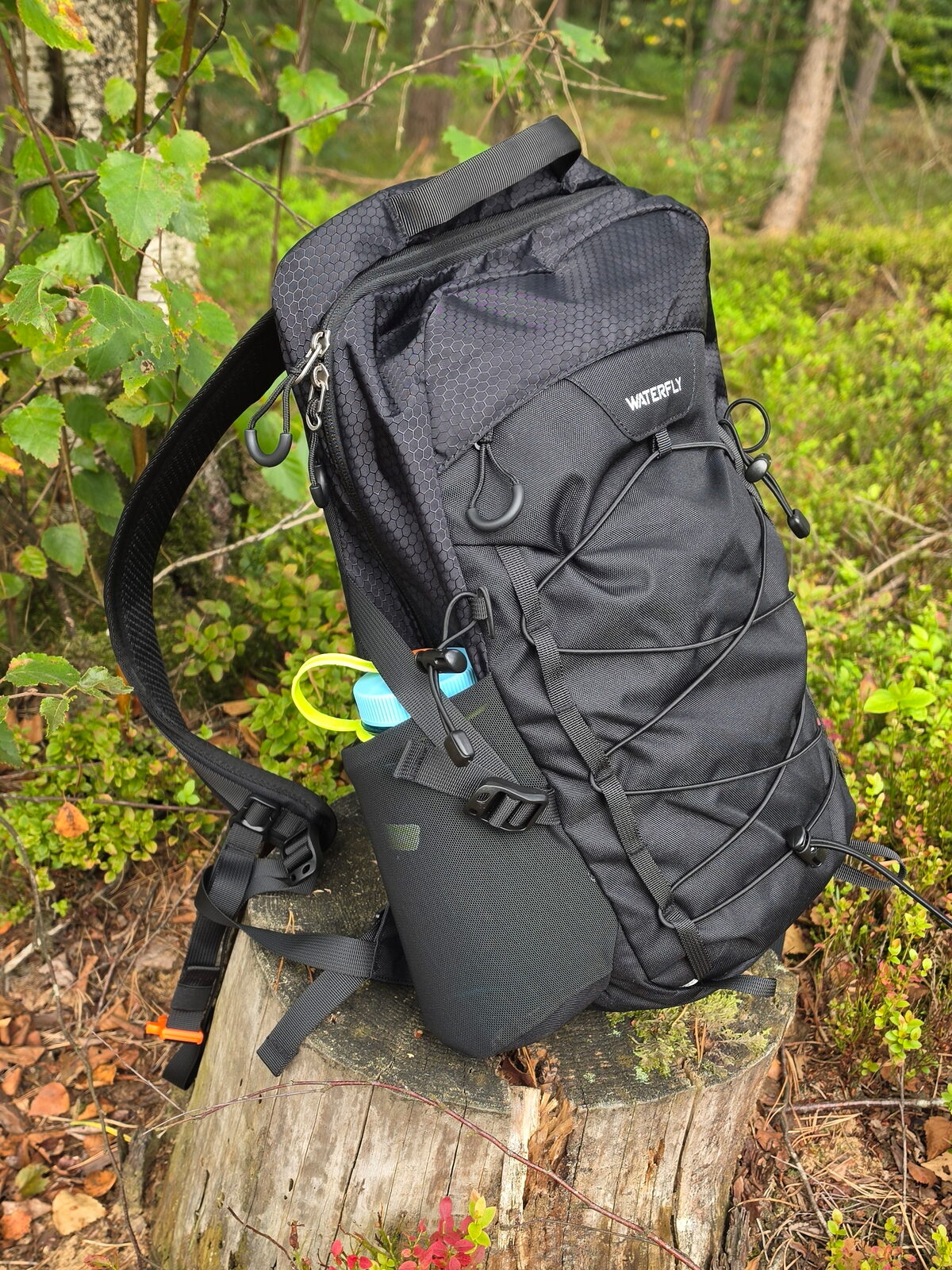 Black WATERFLY Hiking Backpack 20L with a Nalgene bottle in its side pocket, on a tree stump in a forest on the Veluwe
